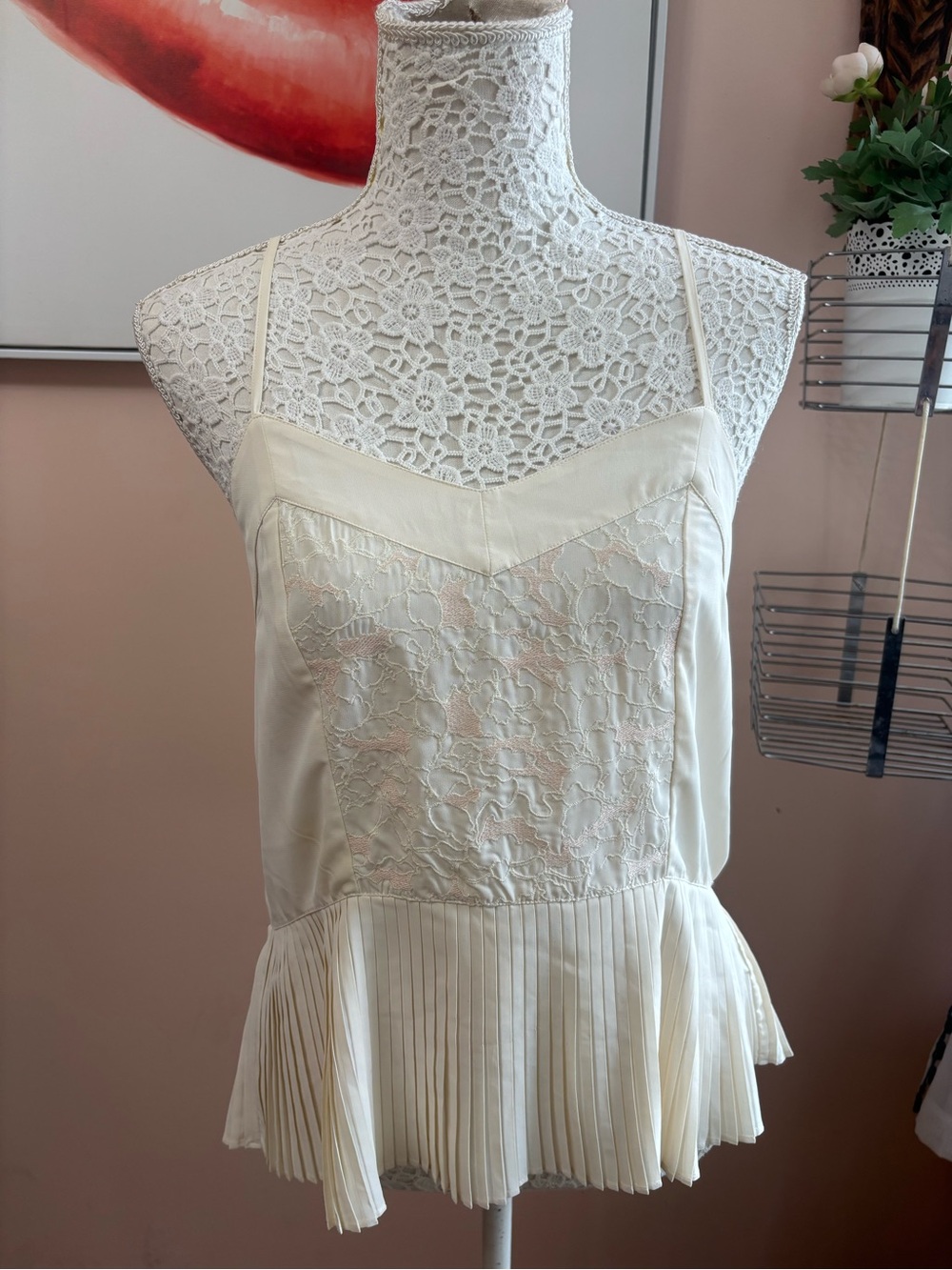 American Eagle Outfitters Cream Lace-Front Pleated Camisole Top